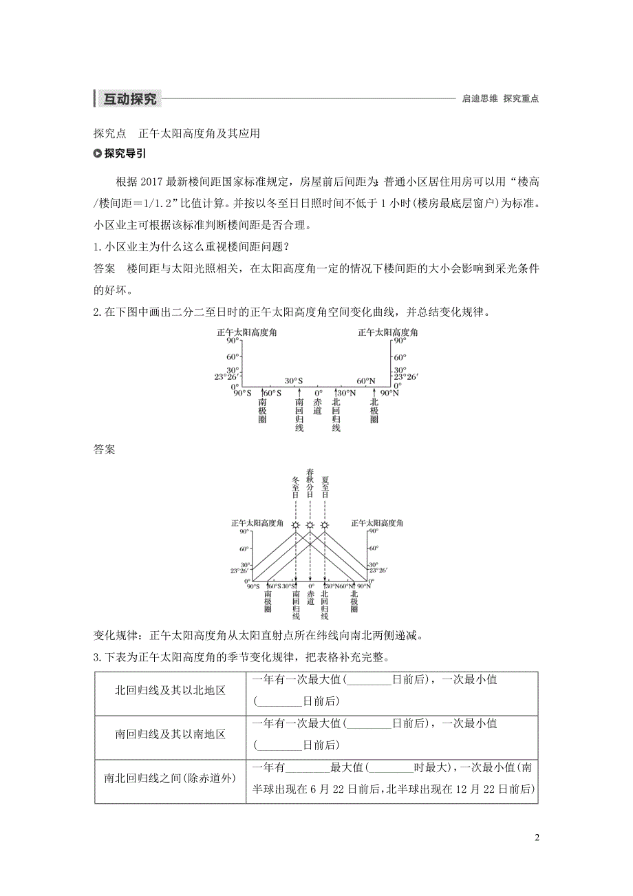 2019-2020学年高中地理 第一章 宇宙中的地球 第三节 地球公转与自转共同作用下产生的地理意义 课时1 正午太阳高度角的变化讲义（含解析）中图版必修1_第2页