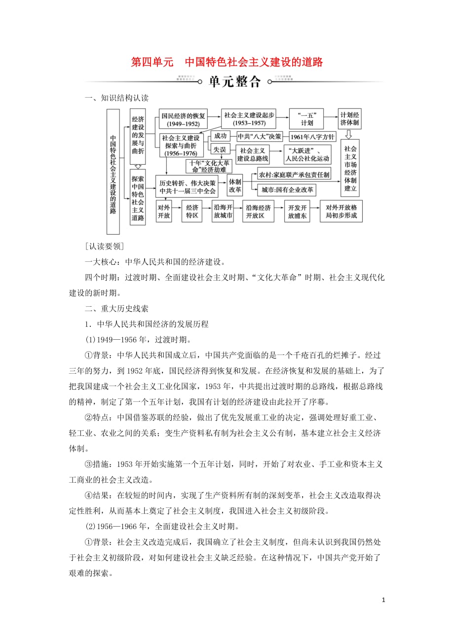 2018-2019年高中历史 第四单元 中国特色社会主义建设的道路单元整合练习 新人教版必修2_第1页