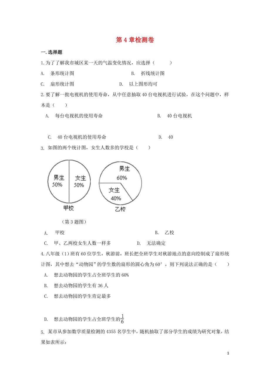 2018学年七年级数学上册 第4章 数据的收集、整理与描述章末检测卷 （新版）青岛版_第1页