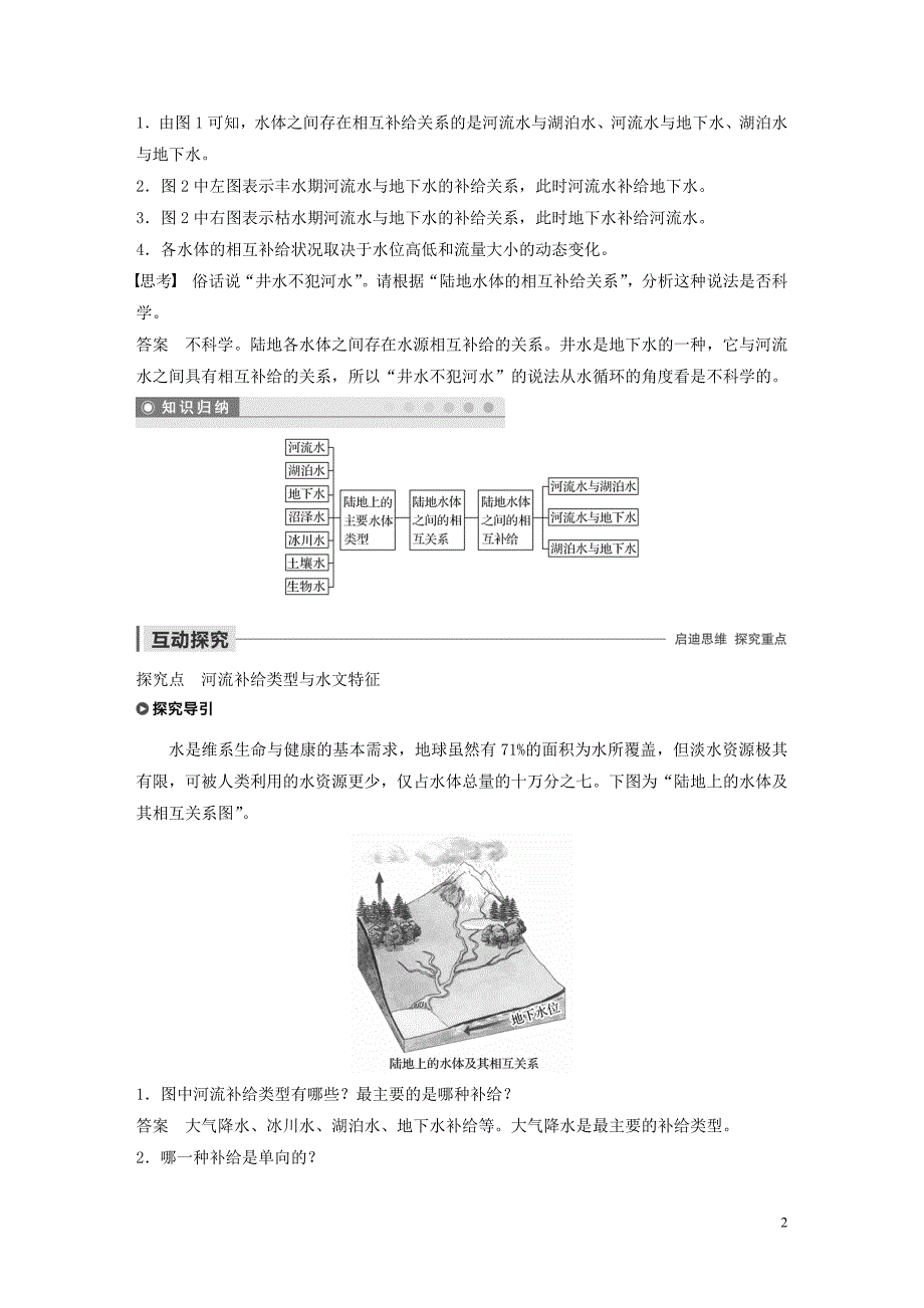 2019-2020学年高中地理 第二章 自然环境中的物质运动和能量交换 第五节 水循环和洋流 课时1 陆地水体之间的相互关系讲义（含解析）湘教版必修1_第2页