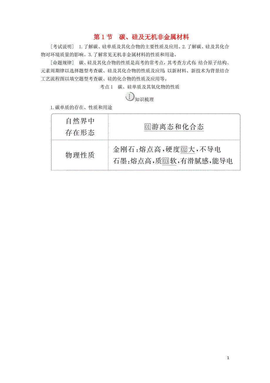 2020版高考化学一轮复习 第四章 第1节 碳、硅及无机非金属材料教师用书_第1页