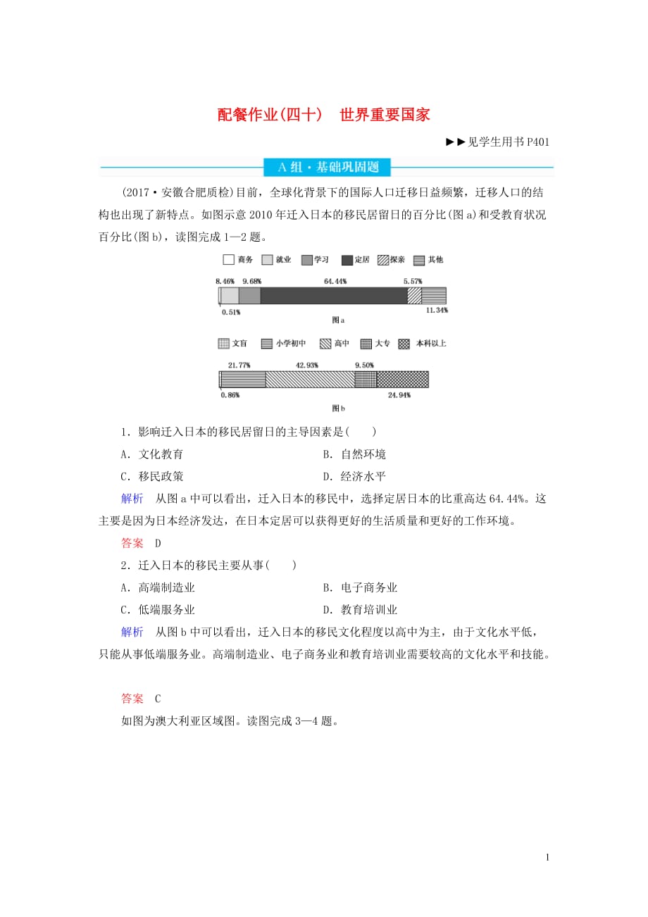 2020版高考地理总复习 第十七章 世界地理 17.3 世界重要国家配餐作业（含解析）新人教版_第1页