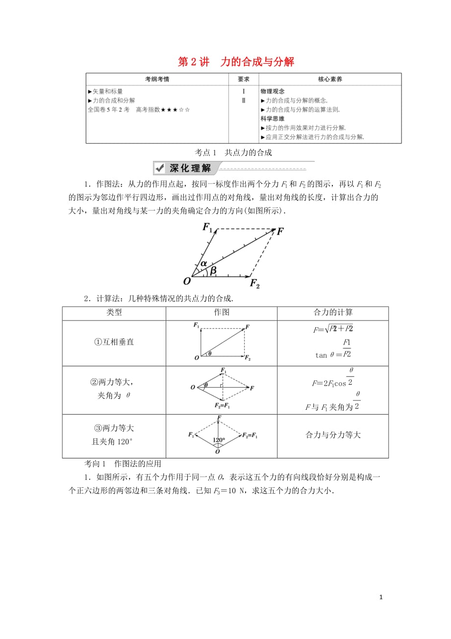 2020版高考物理一轮复习 第二章 第2讲 力的合成与分解教案 新人教版_第1页