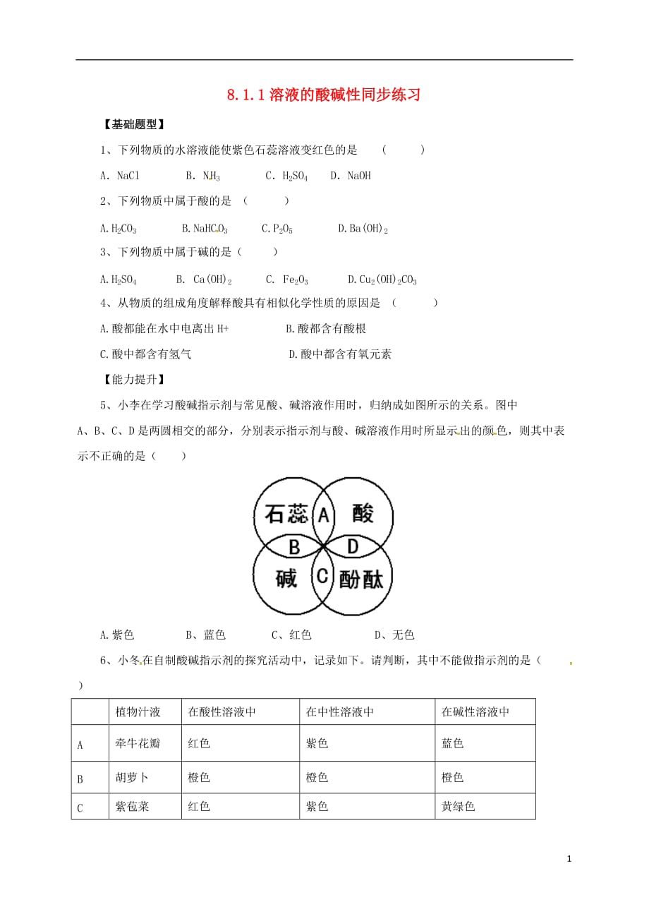 九年级化学下册 8.1.1 溶液的酸碱性同步练习 （新版）粤教版_第1页