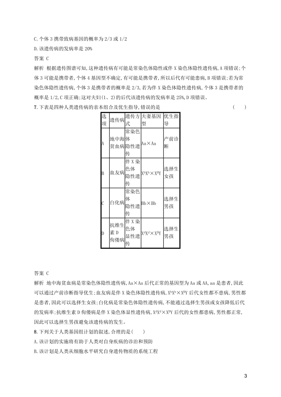 广西2020版高考生物一轮复习 考点规范练17 人类遗传病（含解析）新人教版_第3页