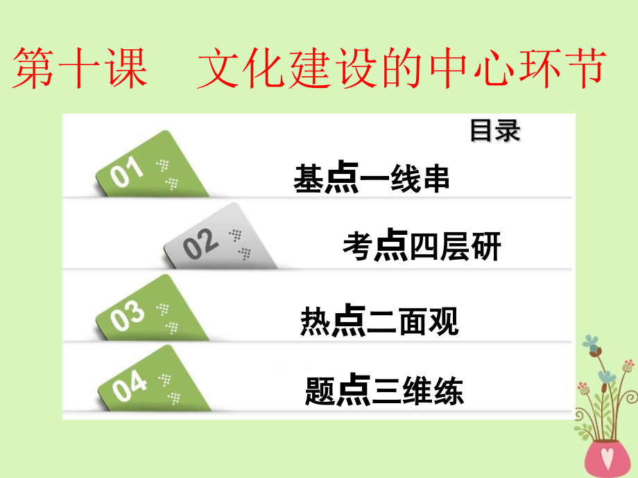 （全国通用版） 2019版高考政治一轮复习 第四单元 发展中国特色社会主义文化 第十课 文化建设的中心环节课件 新人教版必修3_第1页