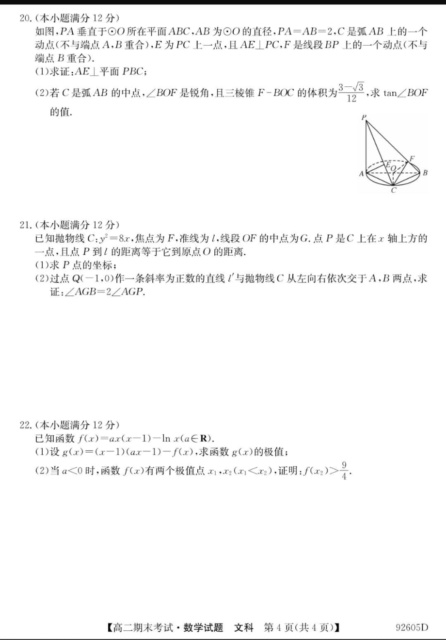 安徽省皖东县中联盟2018-2019学年高二数学下学期期末考试试题 文（pdf）_第4页