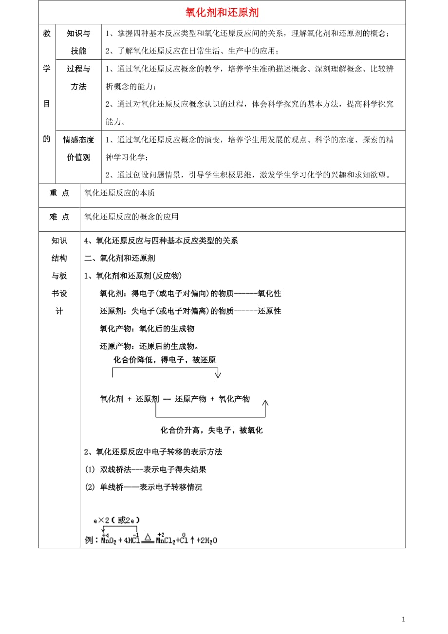 2019年高中化学 第二章 第3节 氧化剂和还原剂教案 新人教版必修1_第1页