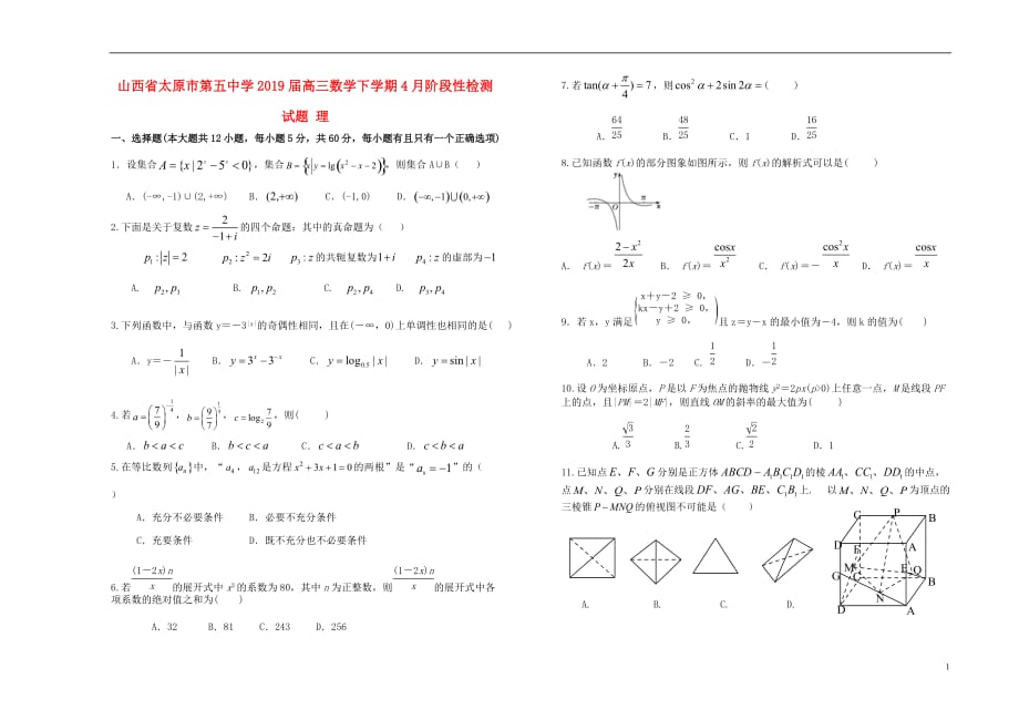 山西省2019届高三数学下学期4月阶段性检测试题 理_第1页