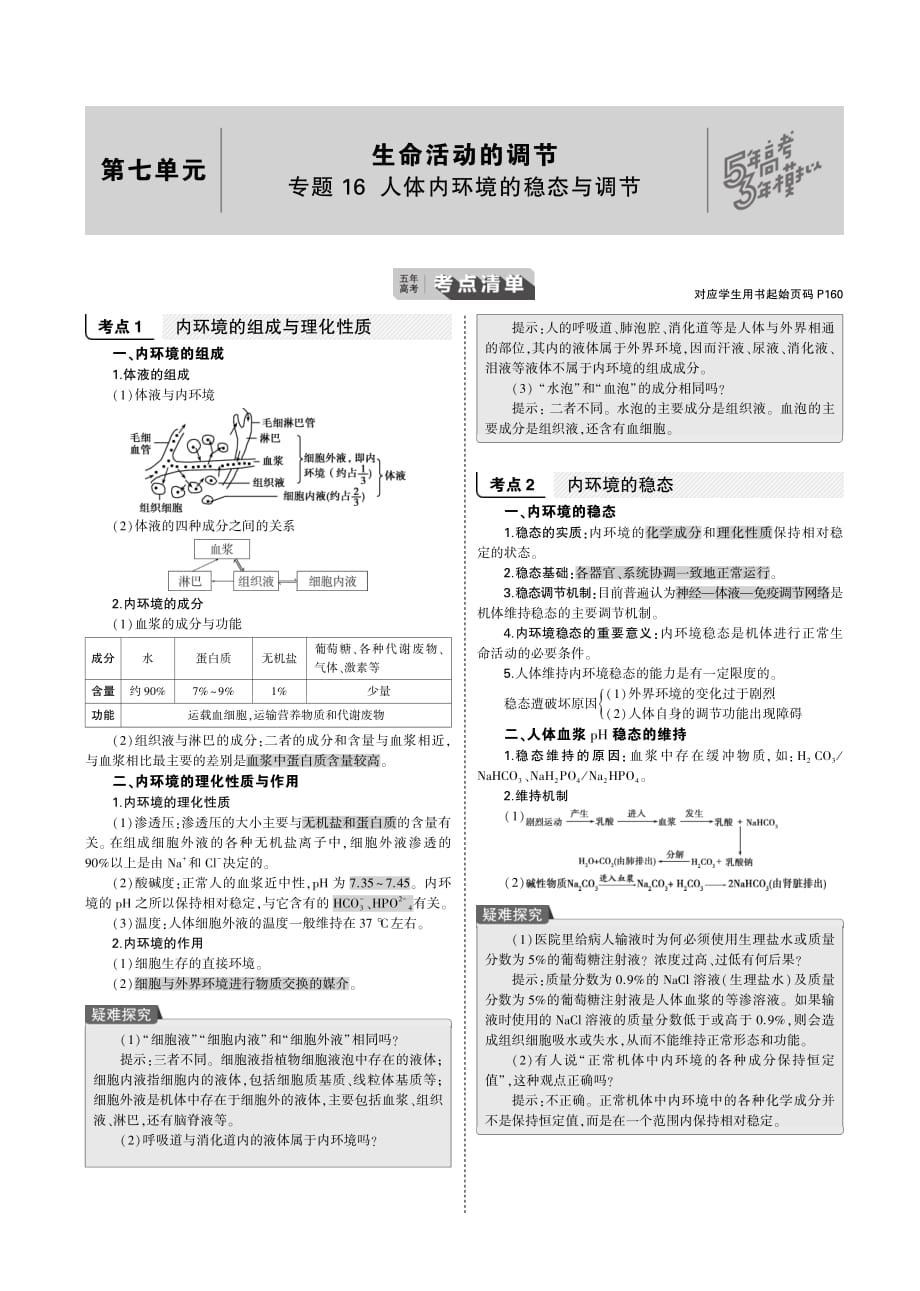 （天津专用）2020届高考生物一轮复习 专题16 人体内环境的稳态与调节教师用书（pdf，含解析）_第1页