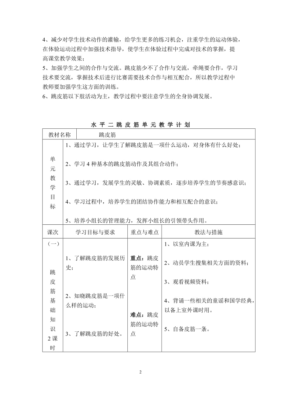 跳皮筋单元教学计划(含课时计划)_第2页