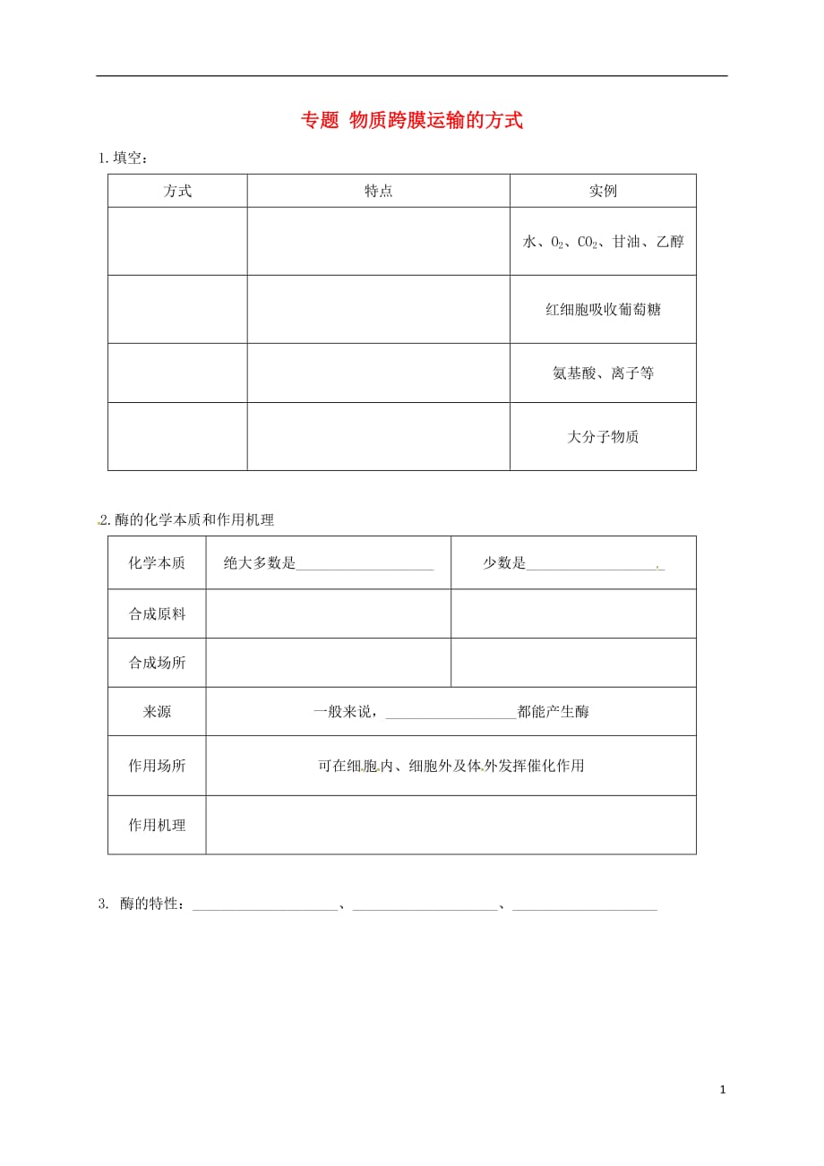 广东省台山市高考生物总复习 专题 物质跨膜运输的方式默写卷（无答案）_第1页