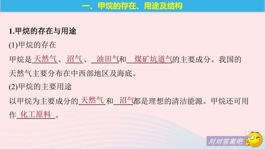 （渝冀闽）2018-2019版高中化学 专题3 有机化合物的获得与应用 第一单元 化石燃料与有机化合物 第1课时 天然气的利用 甲烷课件 苏教版必修2_第5页