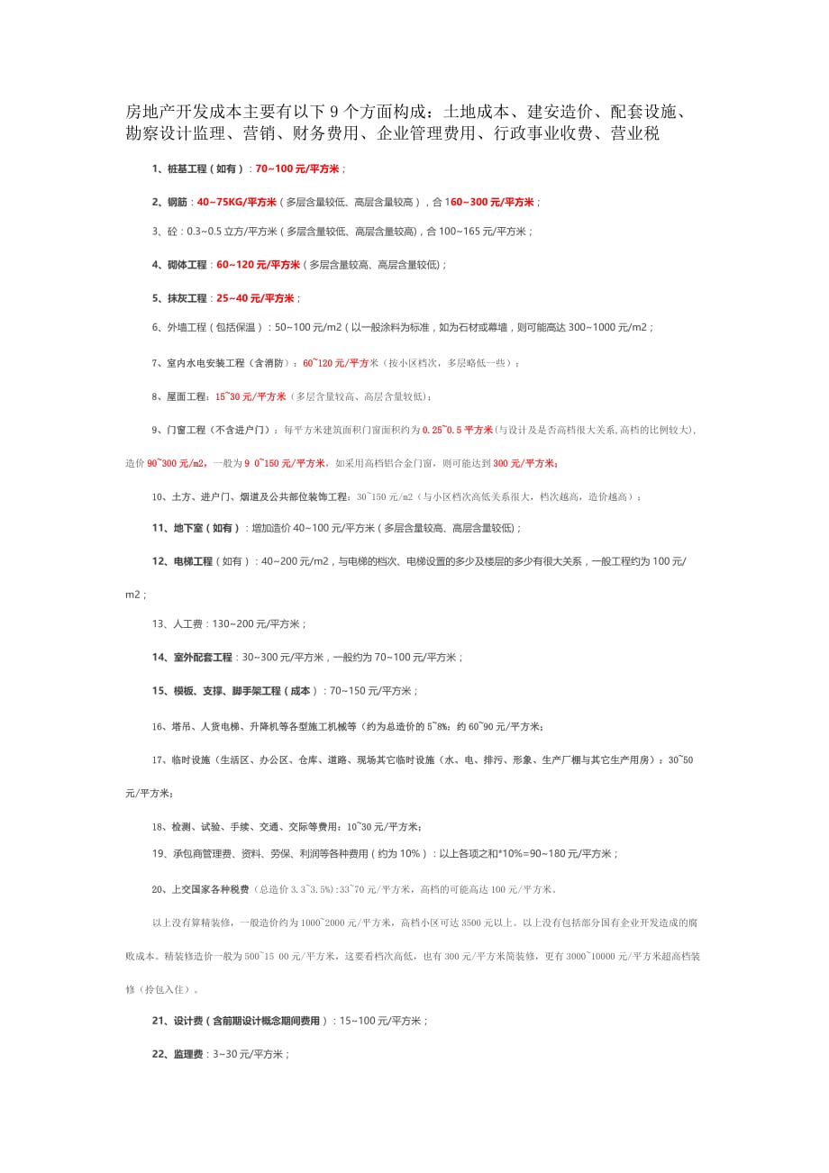 房地产开发成本详细构成，每项都含经验数据.doc_第1页