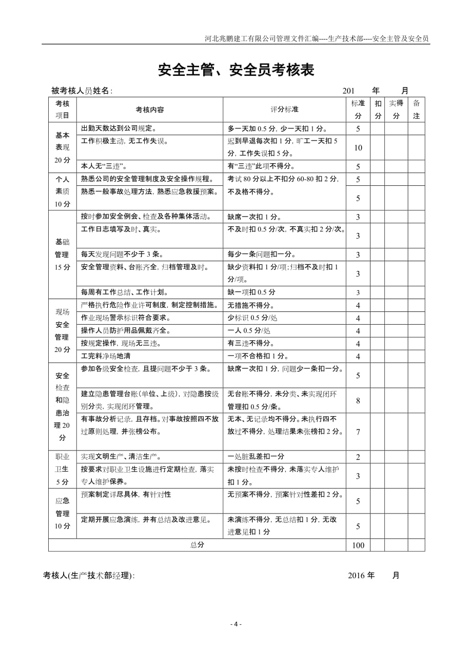 安全主管、安全员职责及考核表_第4页