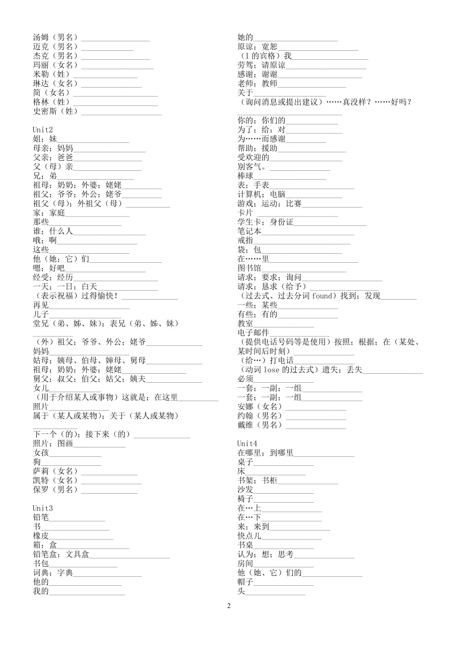 新人教版七年级上册英语单词默写汉译英.doc_第2页