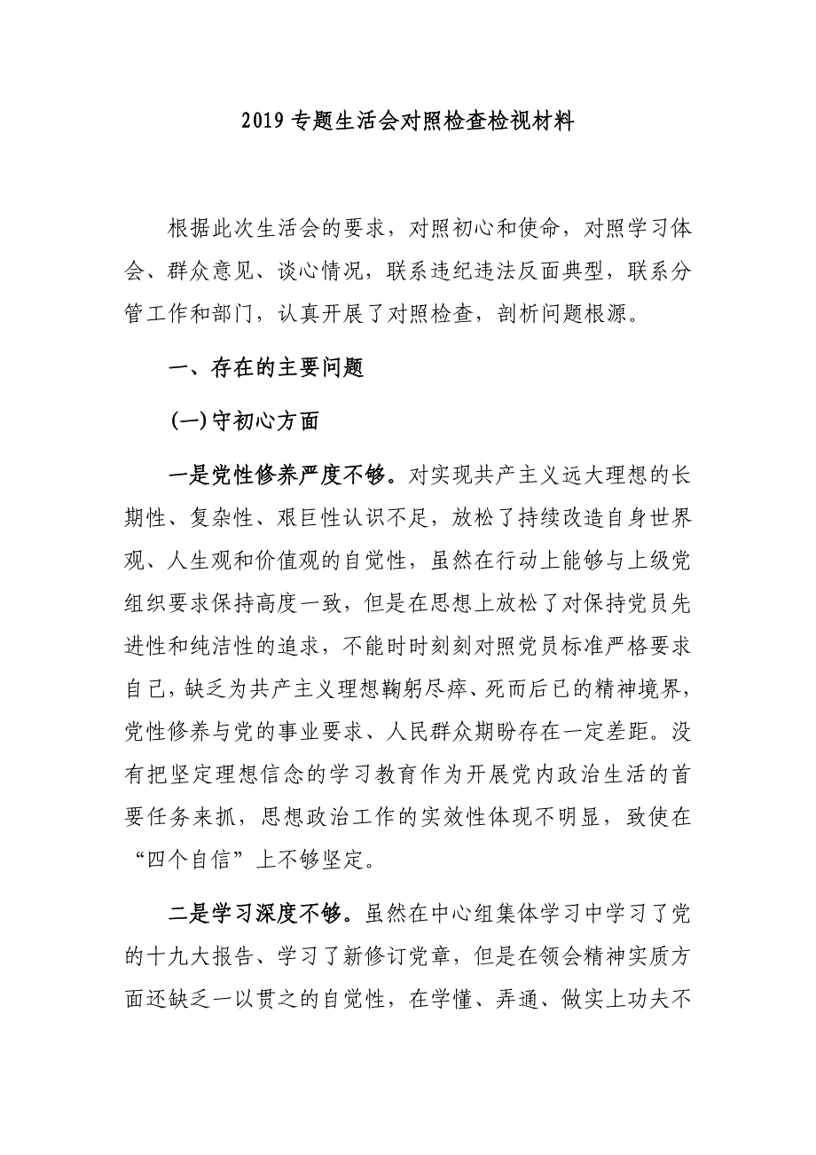 2019专题生活会对照检查检视材料_第1页