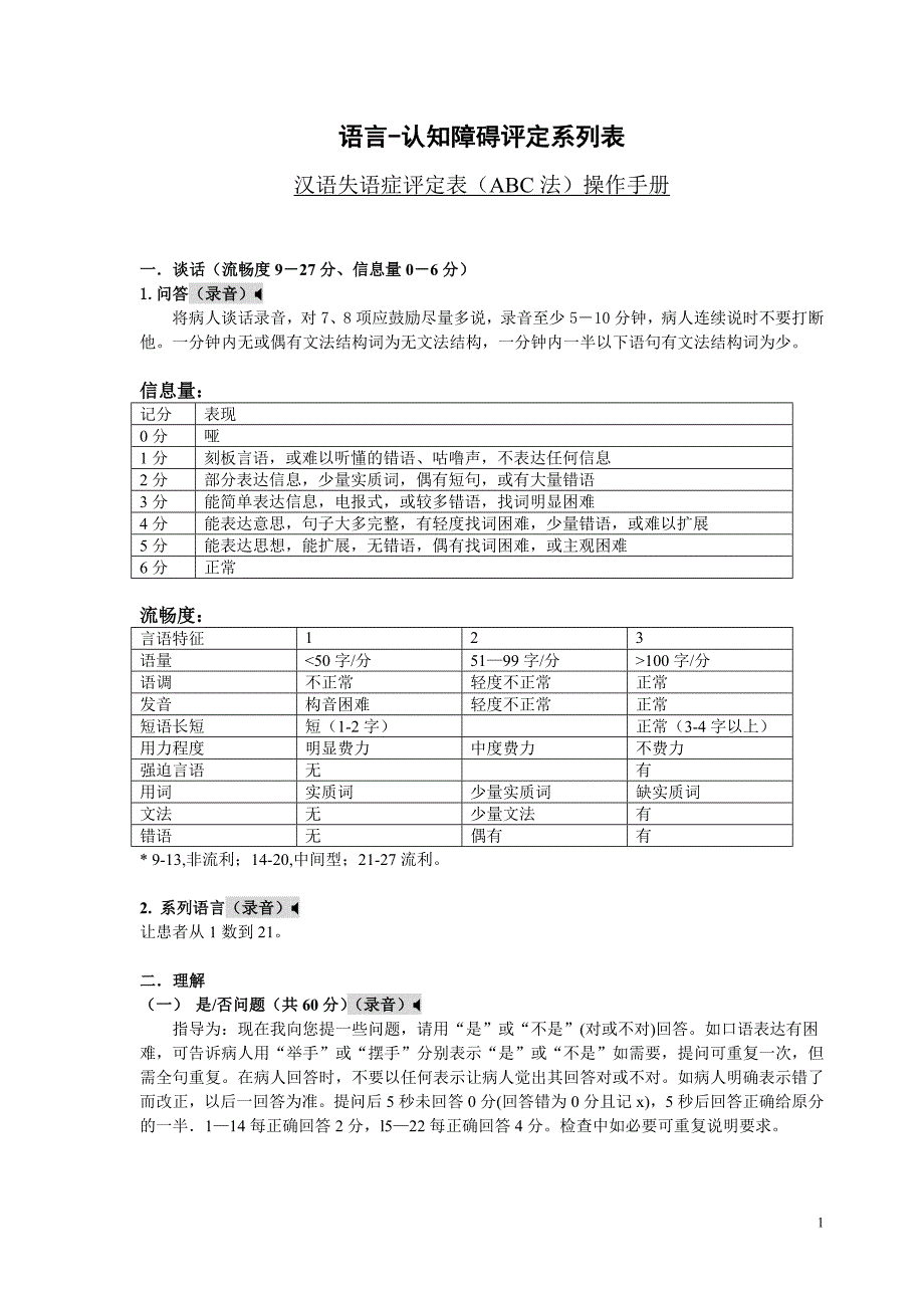 汉语失语症评定表（ABC法）操作手册_第1页