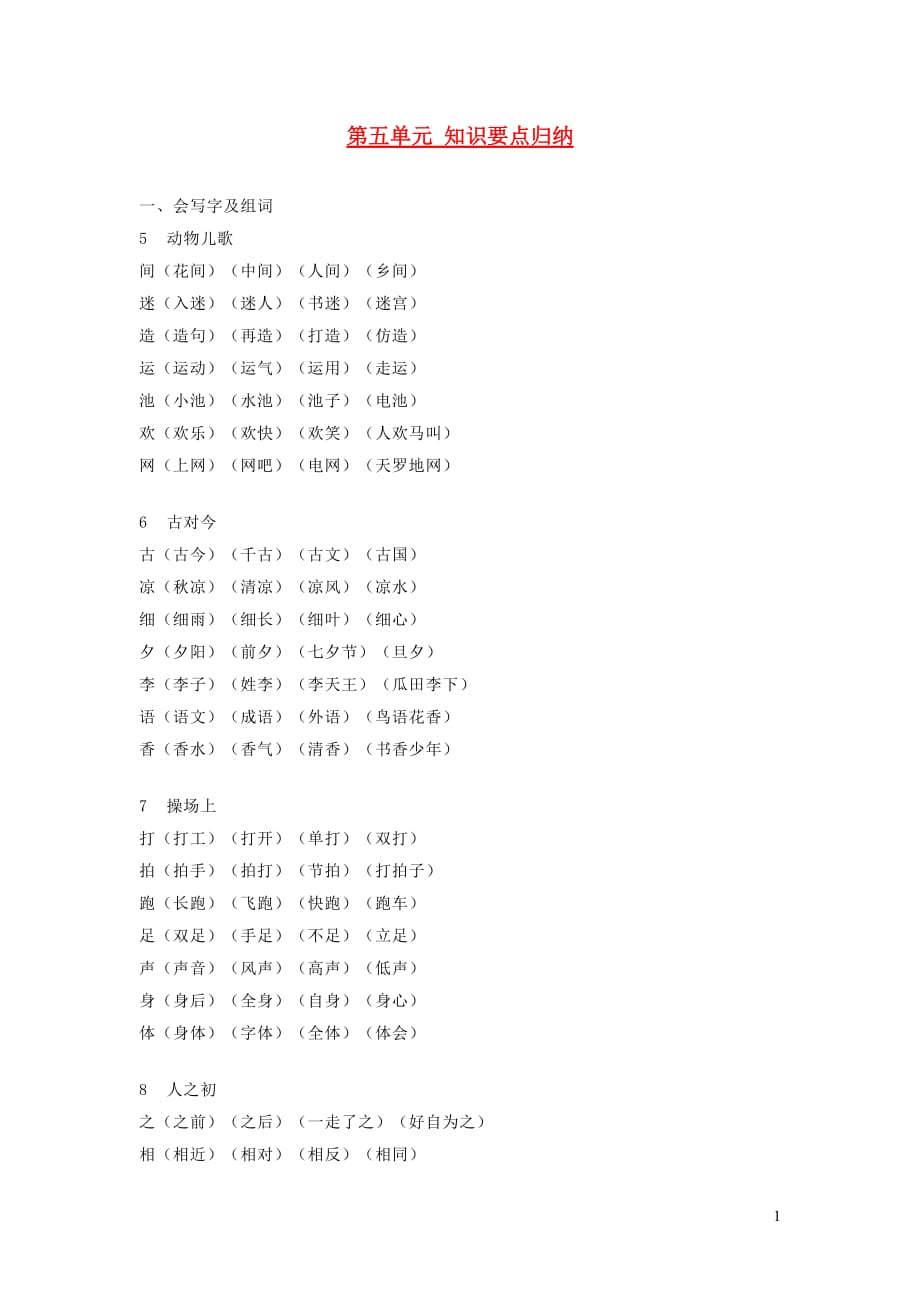 2019年一年级语文下册 第五单元 知识要点归纳 新人教版_第1页