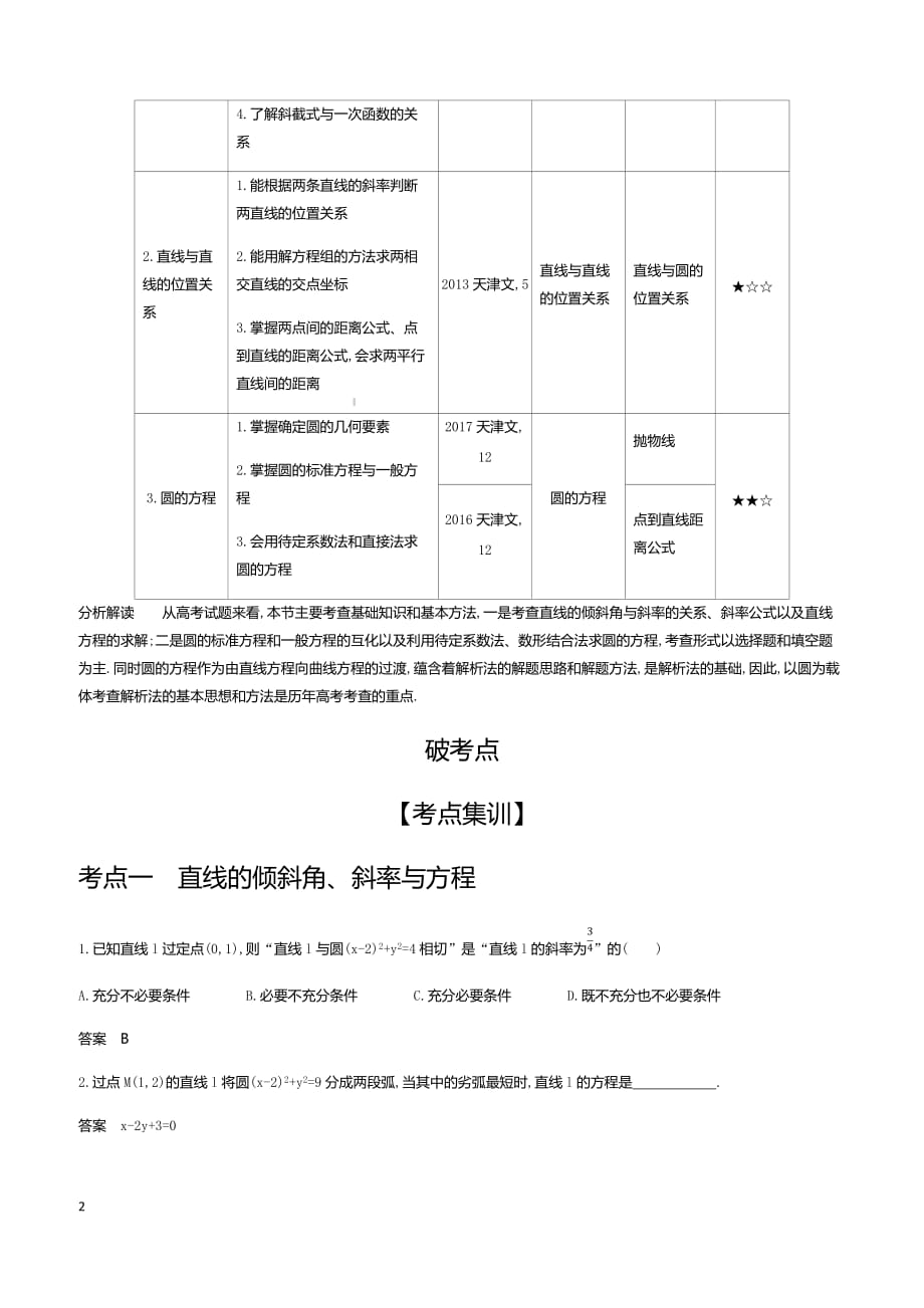 2020版高考数学（天津专用）大一轮精准复习精练：9.1　直线方程与圆的方程 含解析_第2页