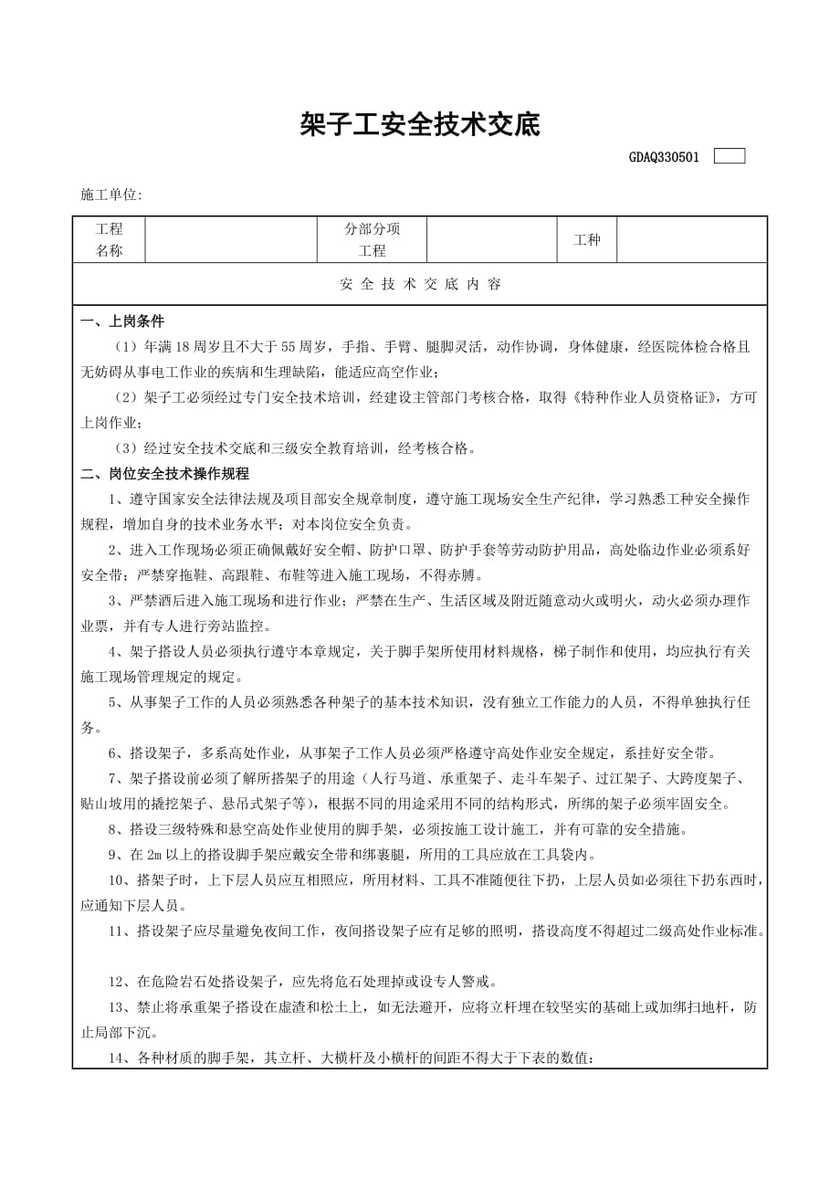 架子工安全技术交底表_第1页