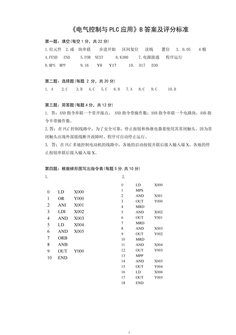 电气控制与PLC应用 第2版 习题答案 作者 张伟林 王开 仵征 王飞 电气控制与PLC应用B试卷答案_第1页