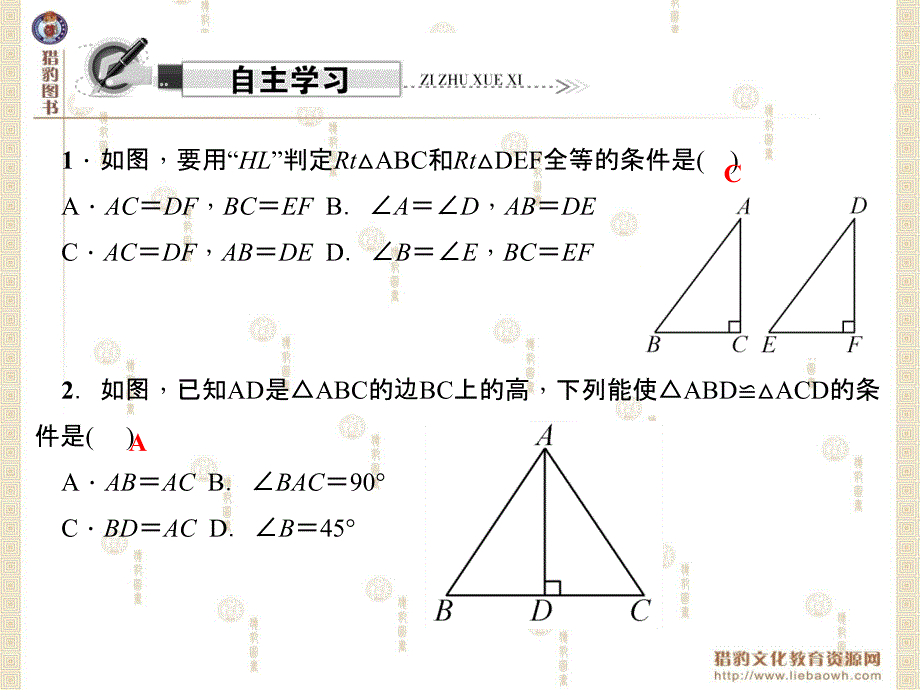 第1章三角形的证明第2课时用“斜边直角边”证明三角形全等_第2页