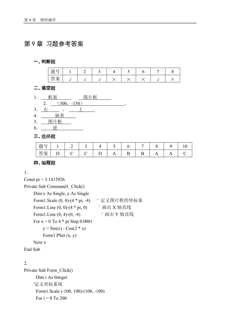 Visual Basic 6.0程序设计教程 第3版 普通高等教育十一五 国家级规划教材 教学课件 ppt 作者 罗朝盛习题答案 第9章 习题参考答案_第1页