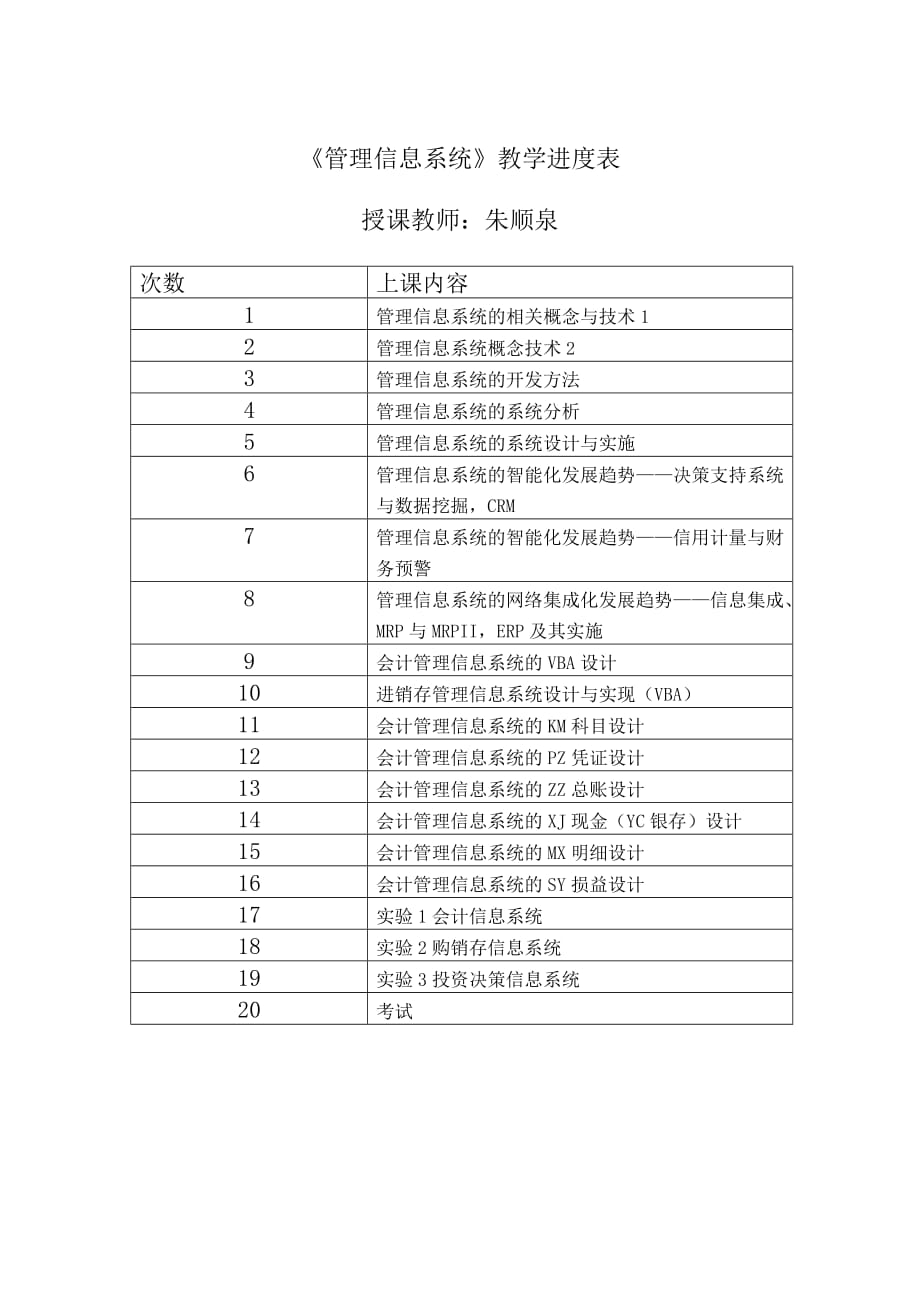 管理信息系统理论与实务 第3版 教学课件 ppt 作者 朱顺泉教学大纲 管理信息系统教学进度表_第1页