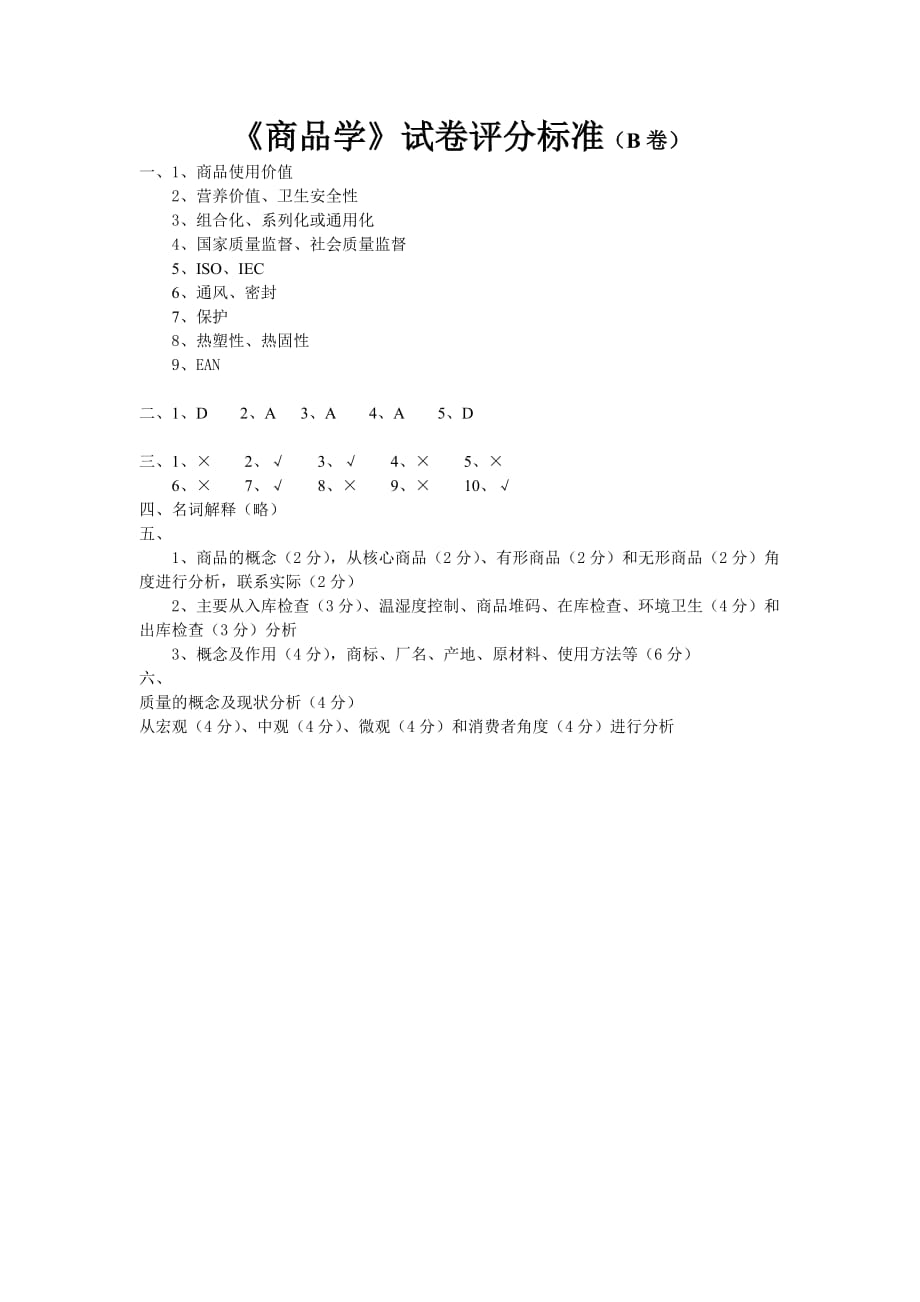 商品学实用教程 工业和信息化高等教育十二五 规划教材立项项目 模拟试卷 作者 汤云 王双萍 标准答案B_第1页