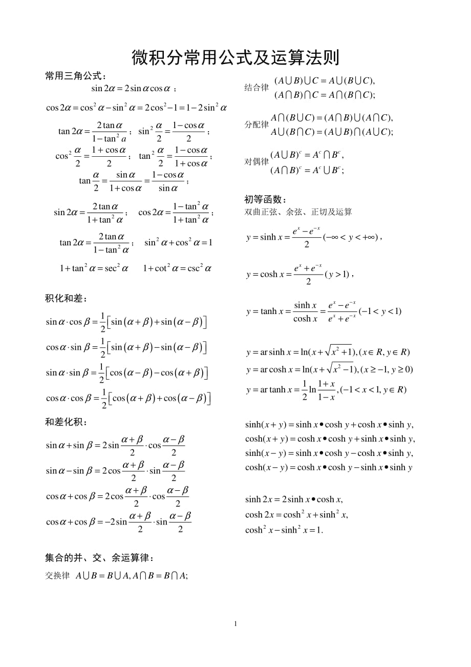 微积分常用公式及运算法则上资料_第1页