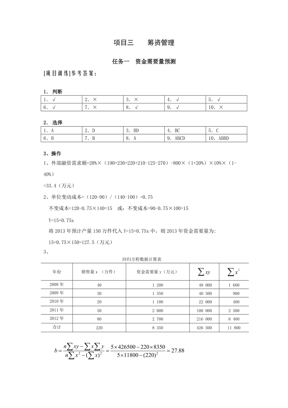 财务管理实务 工业和信息化高职高专十二五 规划教材　全国商业职业教育教学指导委员会推荐教材 习题答案 作者 马元兴 项目三资金筹集管理参考答案_第1页