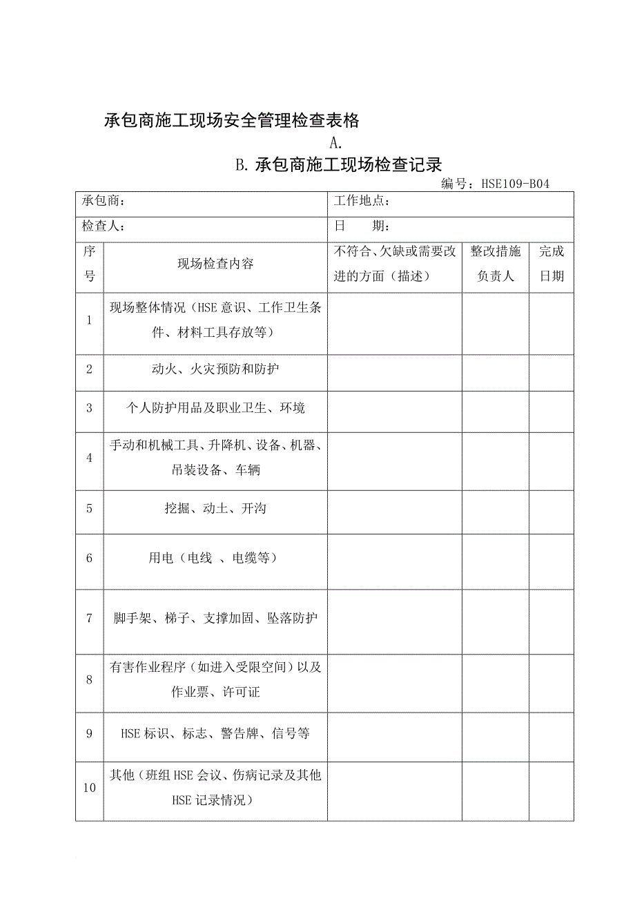 承包商施工现场安全检查表格.doc_第1页