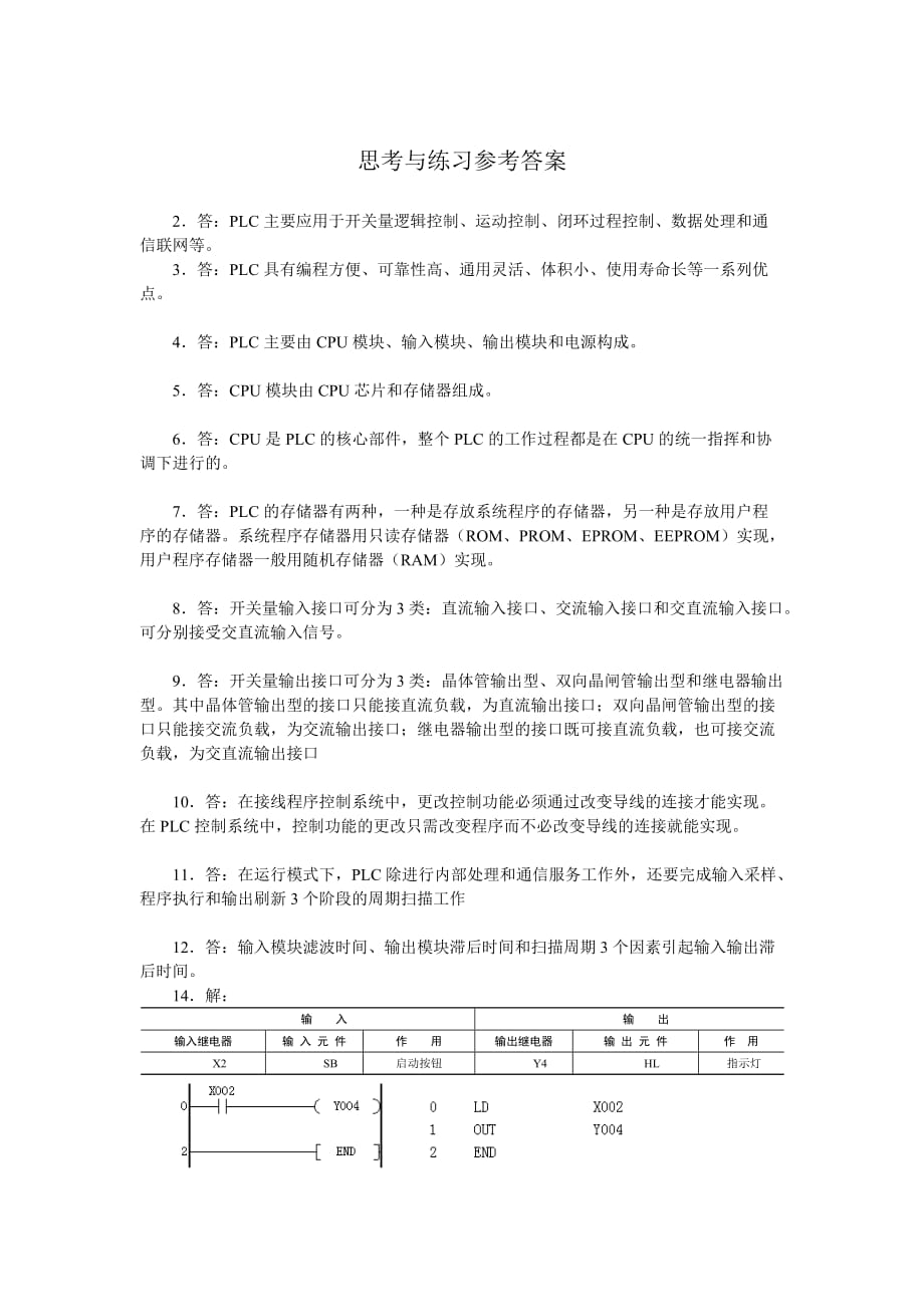 PLC应用技术 教学课件 ppt 作者 瞿彩萍 张伟林习题答案 《PLC应用技术》第1章参考答案_第1页