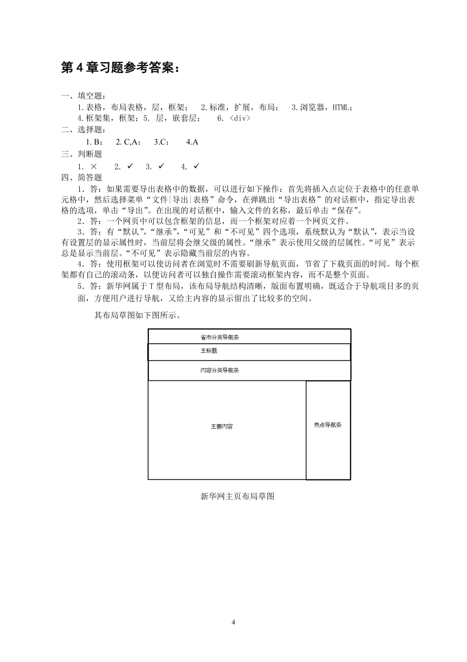 网页制作实用教程 教学课件 ppt 作者 张淑清习题答案 教材课后习题参考答案_第4页