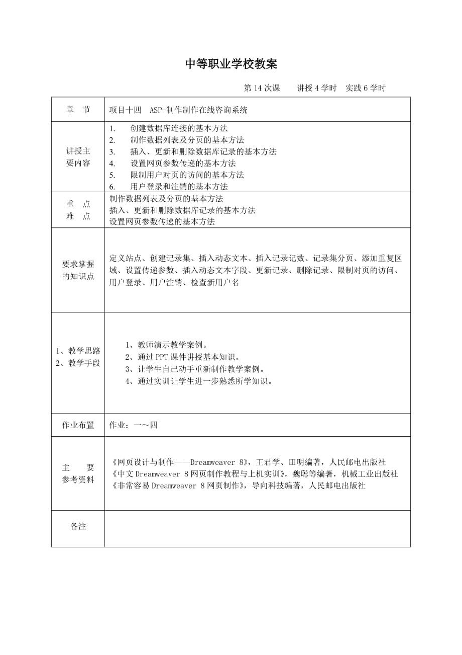 Dreamweaver 8中文版网页制作基础 第2版 教案 作者 王君学 郭亮 项目十四 ASP-制作制作在线咨询系统-电子教案_第2页