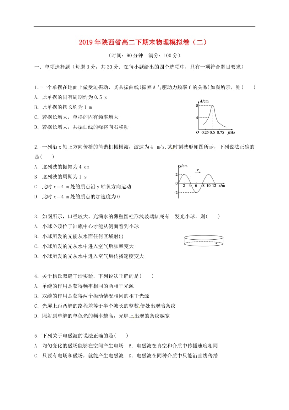 2019年陕西省高二下期末物理模拟卷（二）_第1页