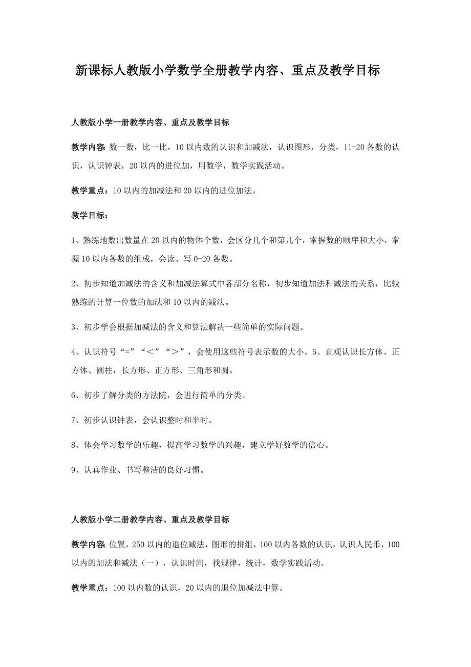 新课标人教版小学数学全册教学内容、重点及教学目标资料_第1页