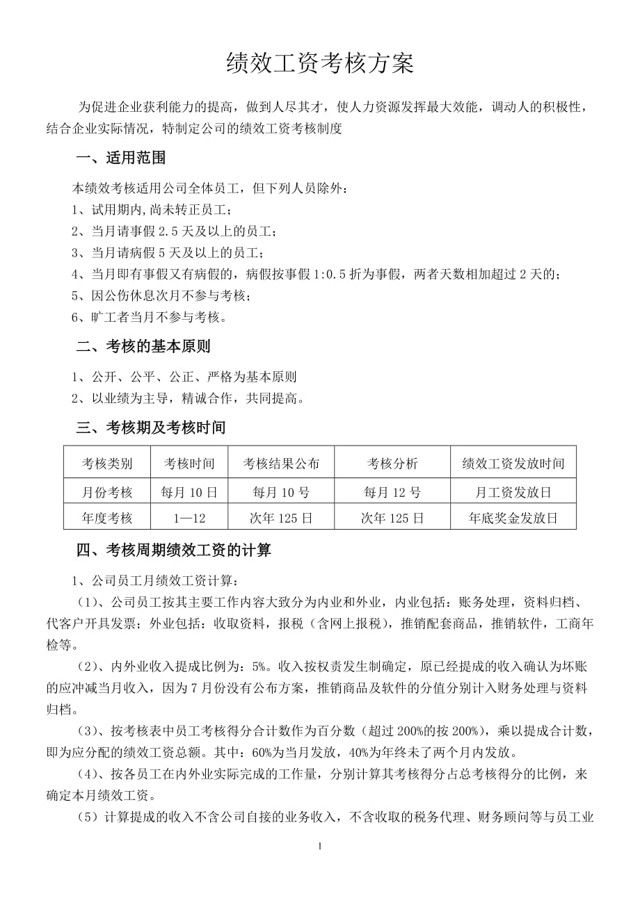 代理记账公司绩效工资考核方案资料_第1页