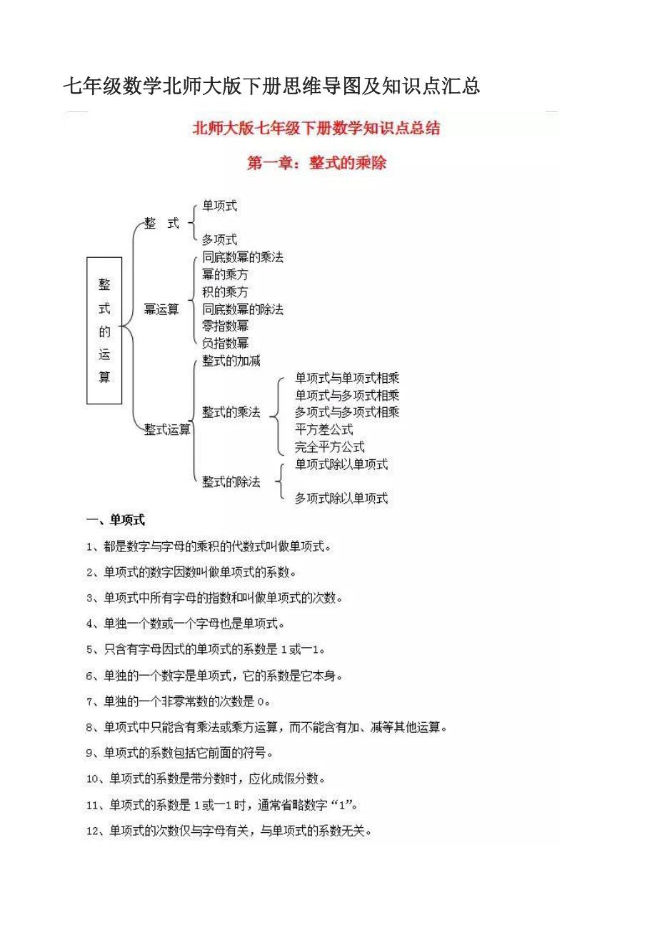 七年级数学北师大版下册思维导图及知识点汇总资料_第1页