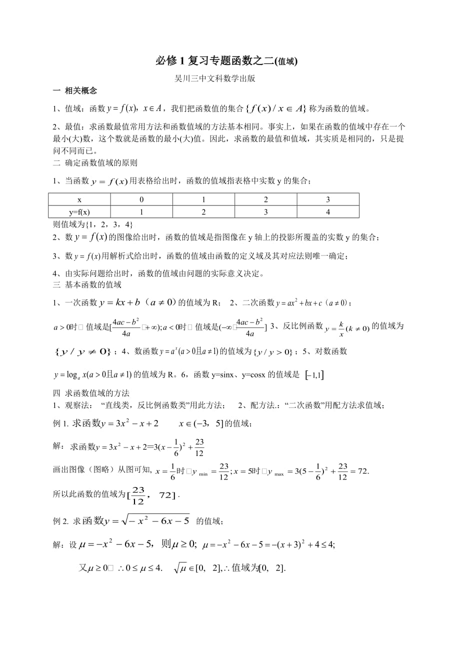 必修1函数的值域及其求法资料_第1页