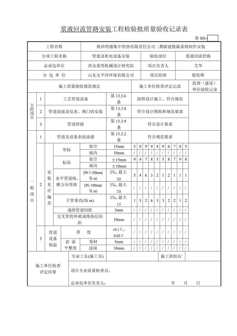 6工艺管道安装工程检验批质量验收记录表_第1页