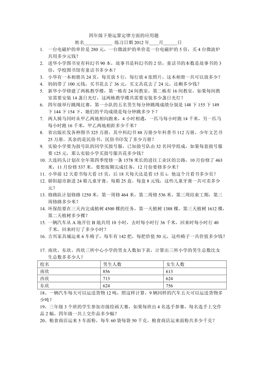 人教版四年级下册运算定律方面的应用题_第1页