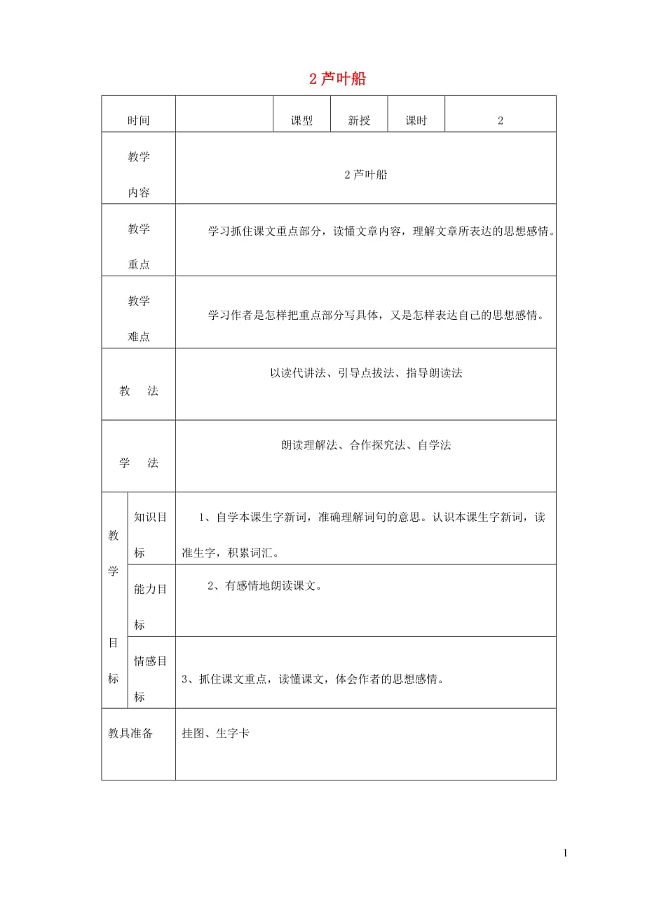 四年级语文上册 第一单元 2芦叶船教案2 语文s版_第1页