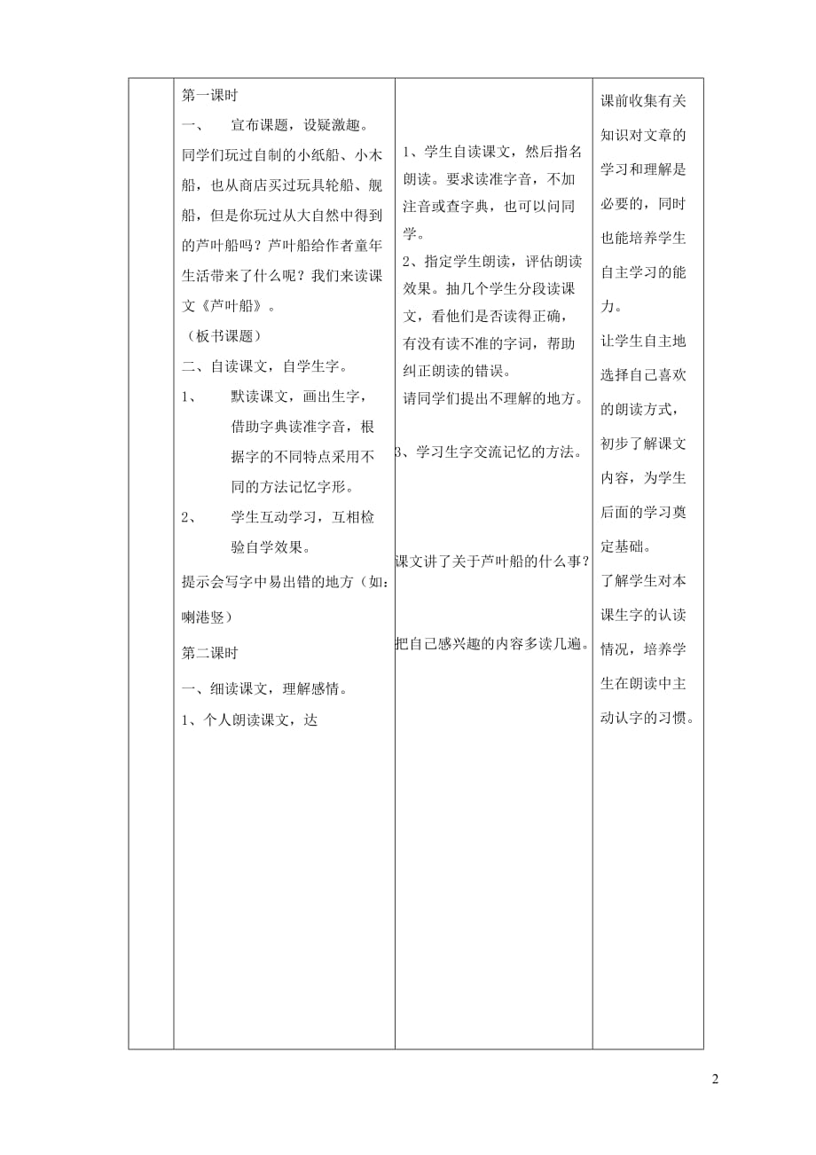 四年级语文上册 第一单元 2芦叶船教案2 语文s版_第2页