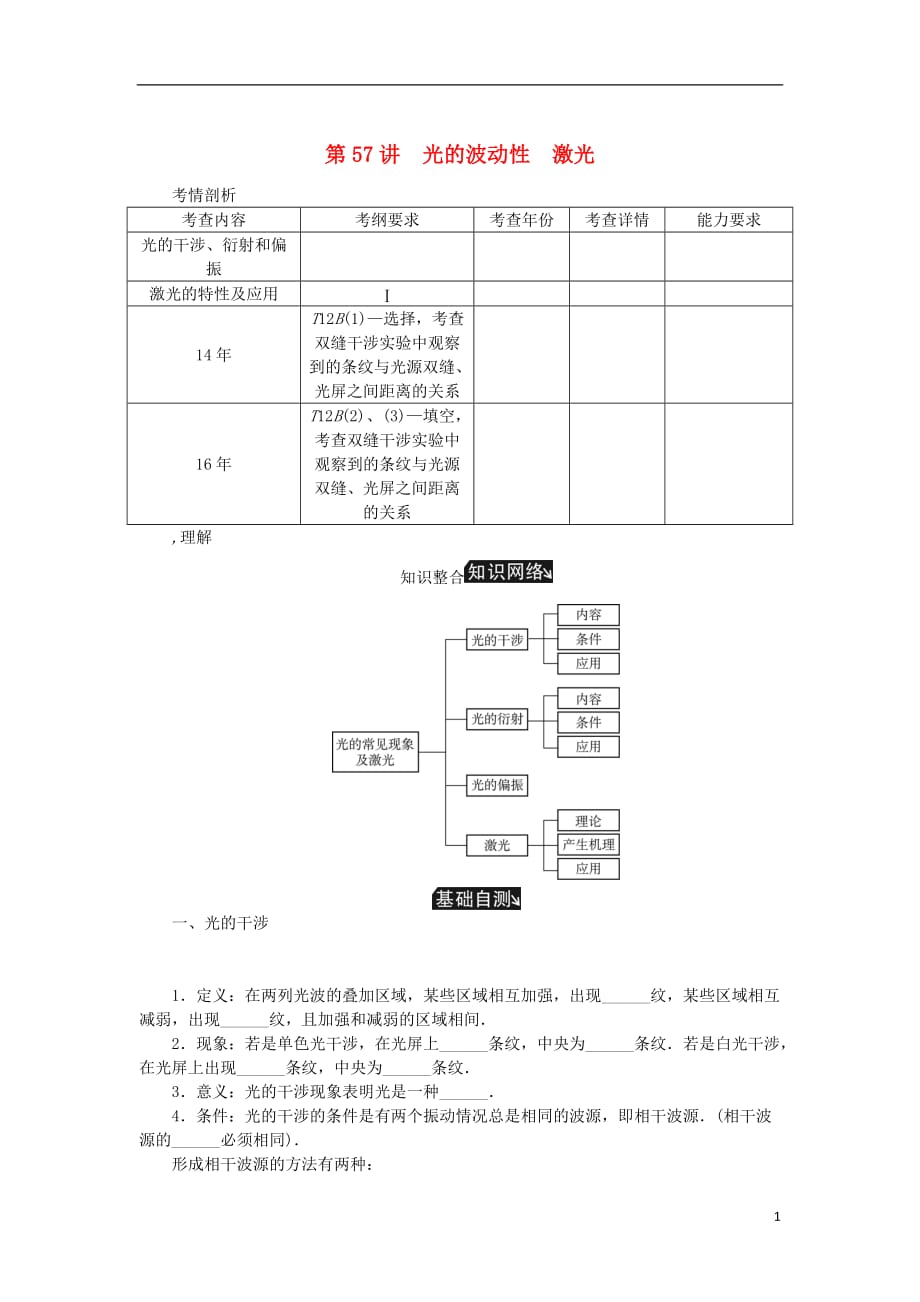 （江苏专版）2019年高考物理总复习 第57讲 光的波动性激光讲义_第1页