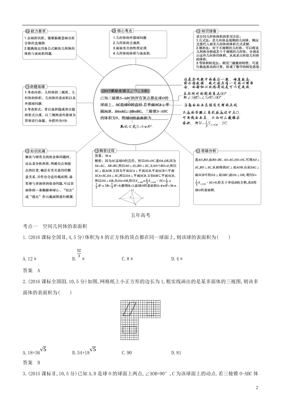 2019高考数学一轮复习 第八章 立体几何 8.2 空间几何体的表面积和体积练习 文_第2页