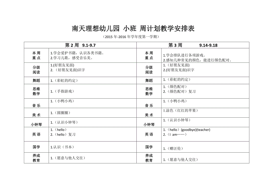 南天幼儿园  小班  周计划教学安排表_第1页