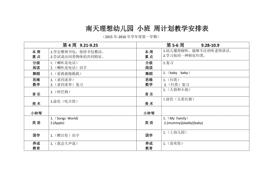 南天幼儿园  小班  周计划教学安排表_第2页