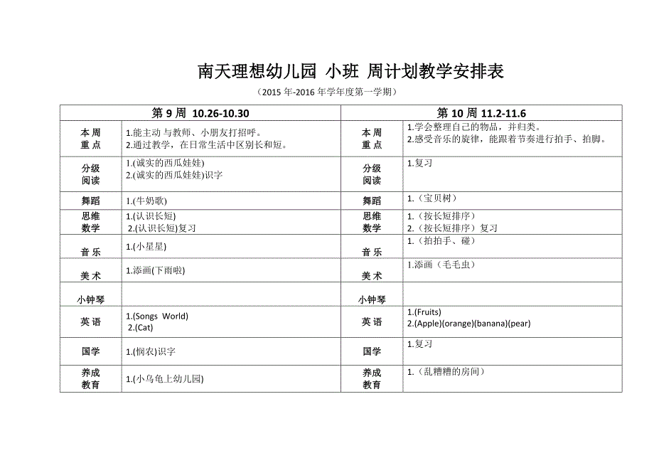 南天幼儿园  小班  周计划教学安排表_第4页